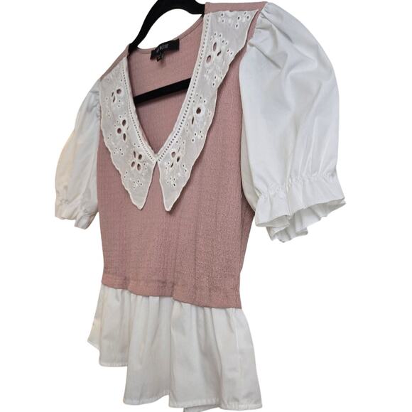 Ava Rose Women's Puff Sleeve Knit Blouse Small Pink White Contrast Peplum - Picture 4 of 8